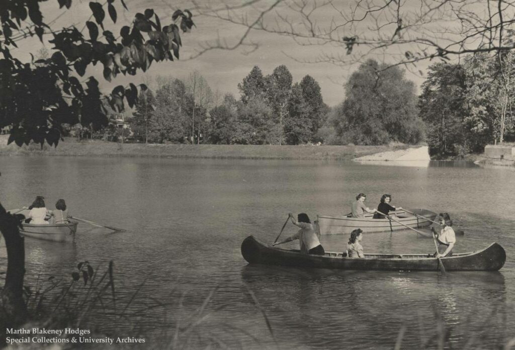 Historical Peabody Park image of students enjoying themselves at the former Peabody Park lake.