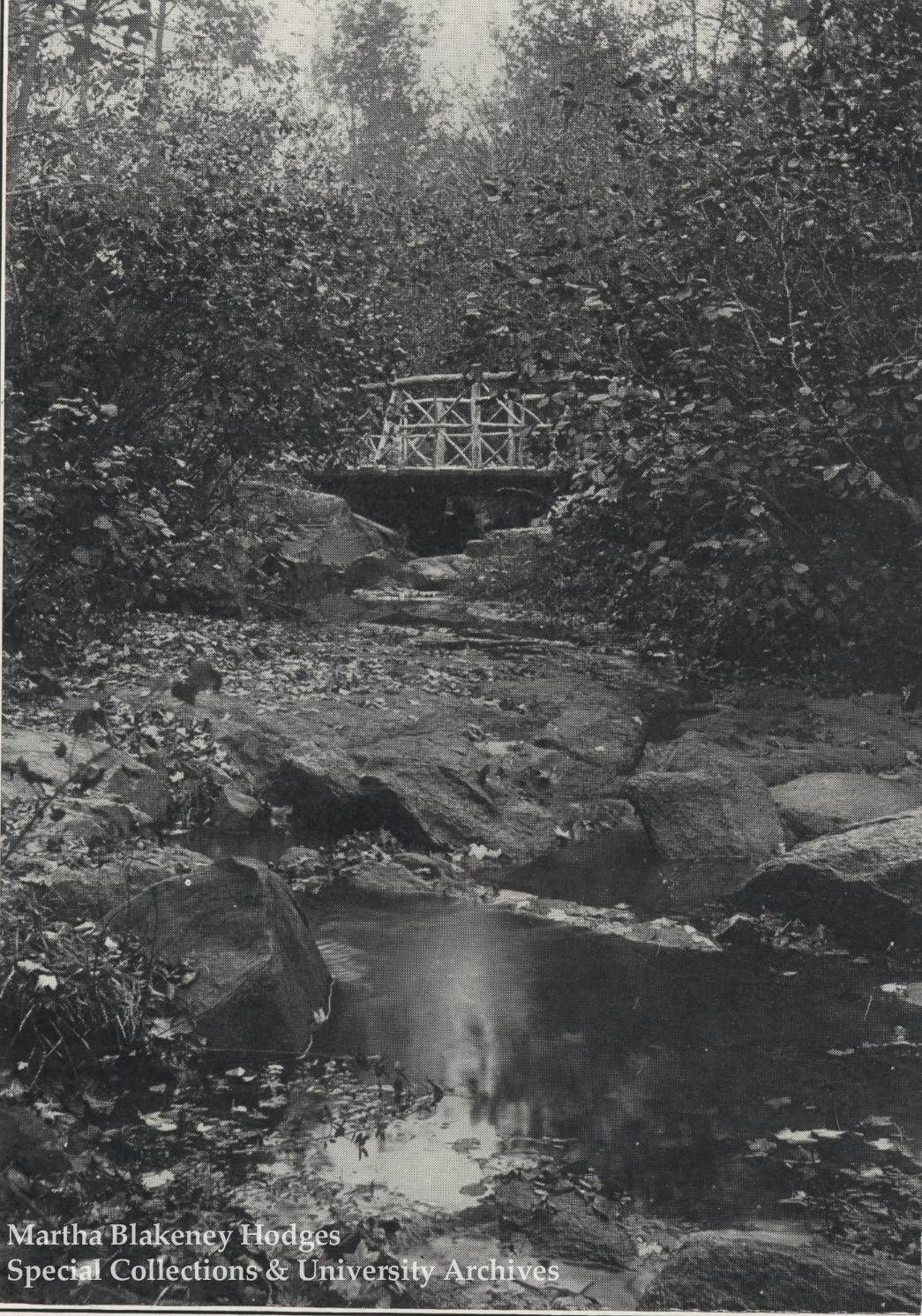 Historical Peabody Park image of a bridge over a stream in Peabody Park.